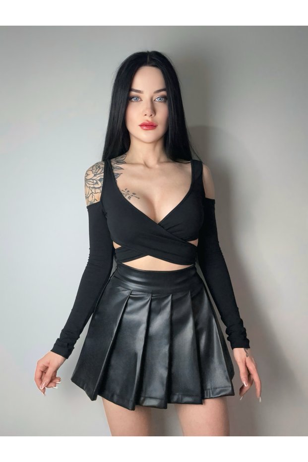 Gothic Gothic Harajuku Faux Leather High Waist Mini Pleated Skirt, Black Mini Leather Pleated Skirt