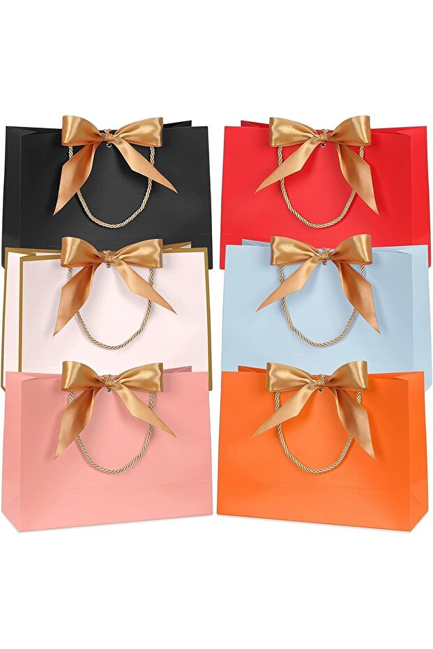 6 Colors Waterproof Paper Gift Bags with Handles and Bow,11 x 3.9 x 7.8 Inch,6 Pack