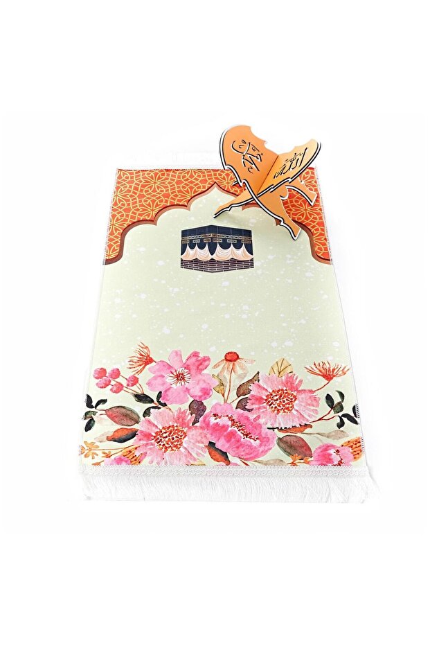 Children's Prayer Mat Kaaba Orange 82×45 cm 110 Gr - with Prayer Beads Gift