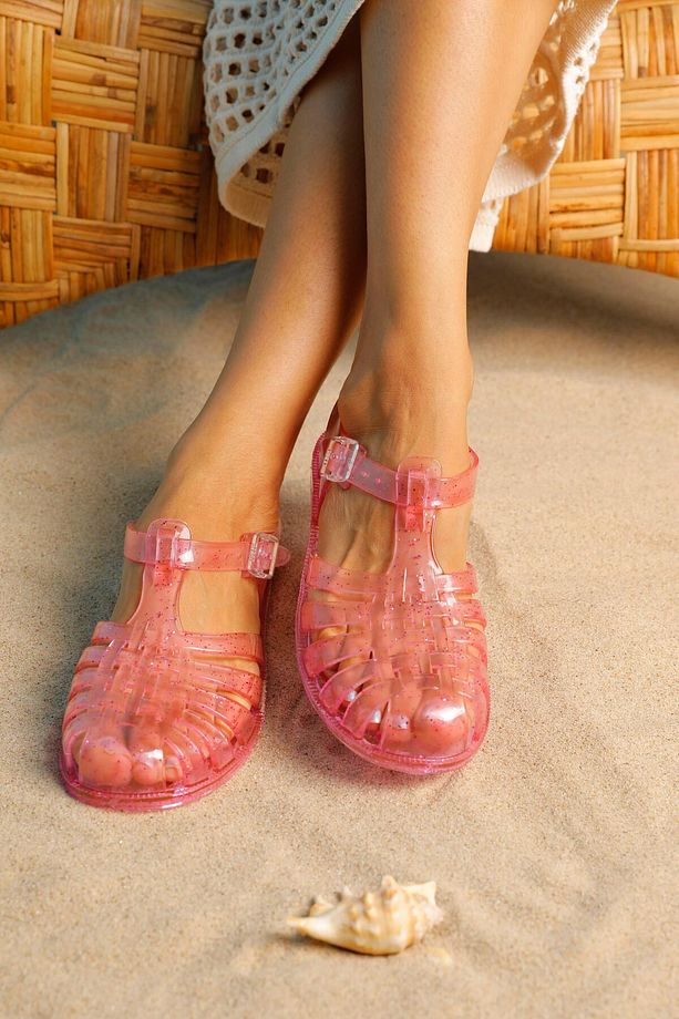 Kadın Parlak Şeffaf Pembe Simli Jelly Sandalet BYNDJLLY01 - 1