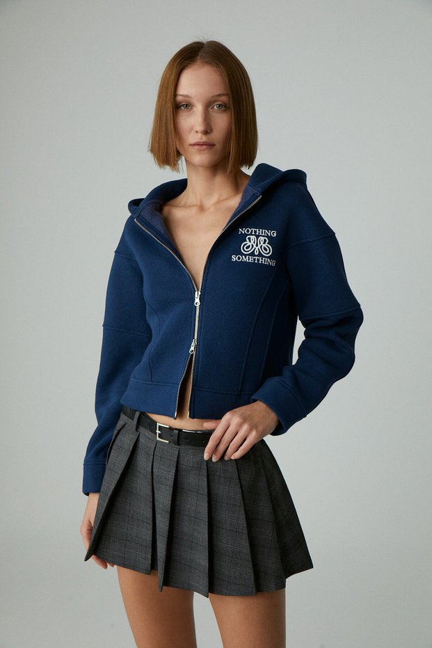 Robina Women's Raised Hooded Embroidery Detailed Navy Blue Sweatshirt