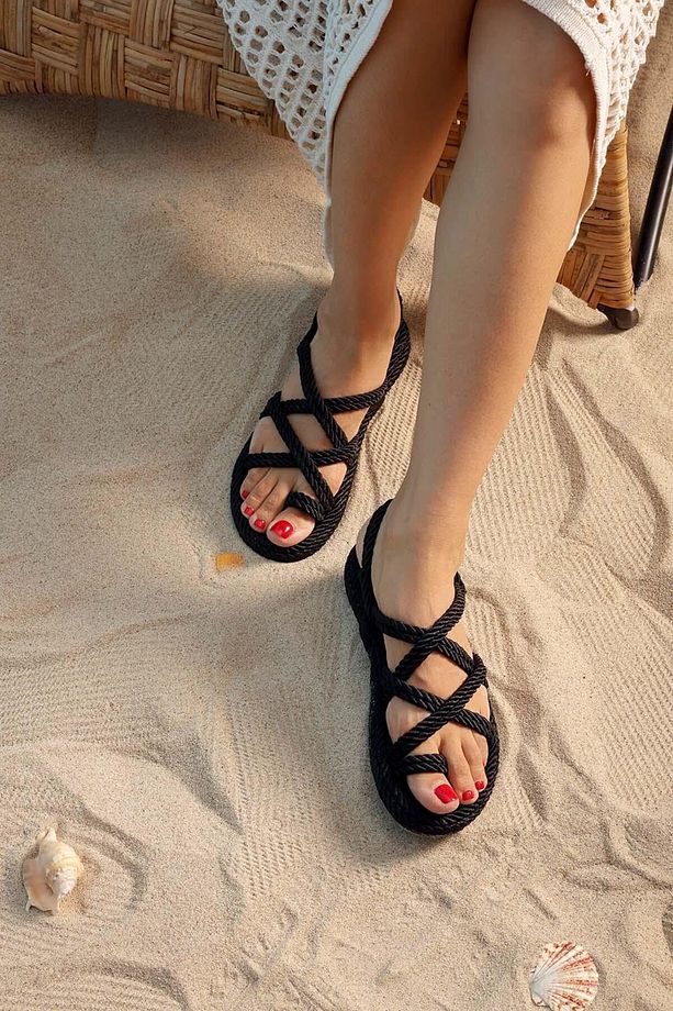 Unisex Siyah Halat Ipli Parmak Arası Hasır Sandalet 2cm Byndhps01 - 3