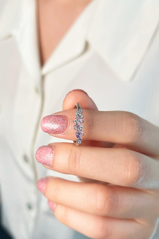 خاتم حجر ملون - فضي - 3