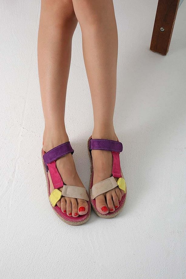 Kadın Multi Mor Fuşya Masiv Hasır Şeritli Süet Sandalet 3cm Byndmas01 - 7