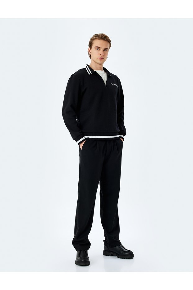 Long Sleeve Half Zip Slogan Embroidered Sweatshirt with Stripe Detail