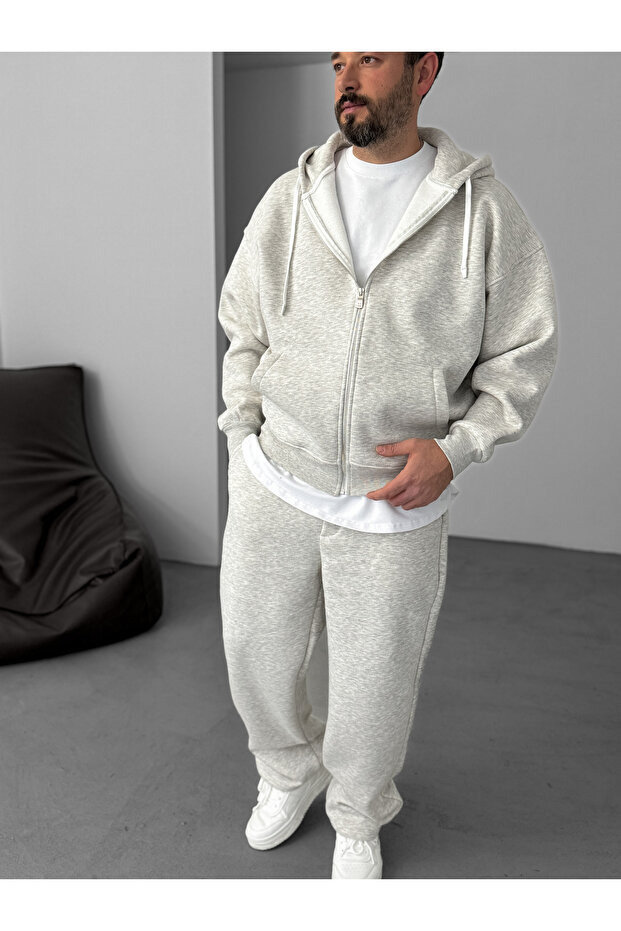 Açık Gri Basic Fermuarlı Kapüşonlu Sweatshirt JJ-82 - 1