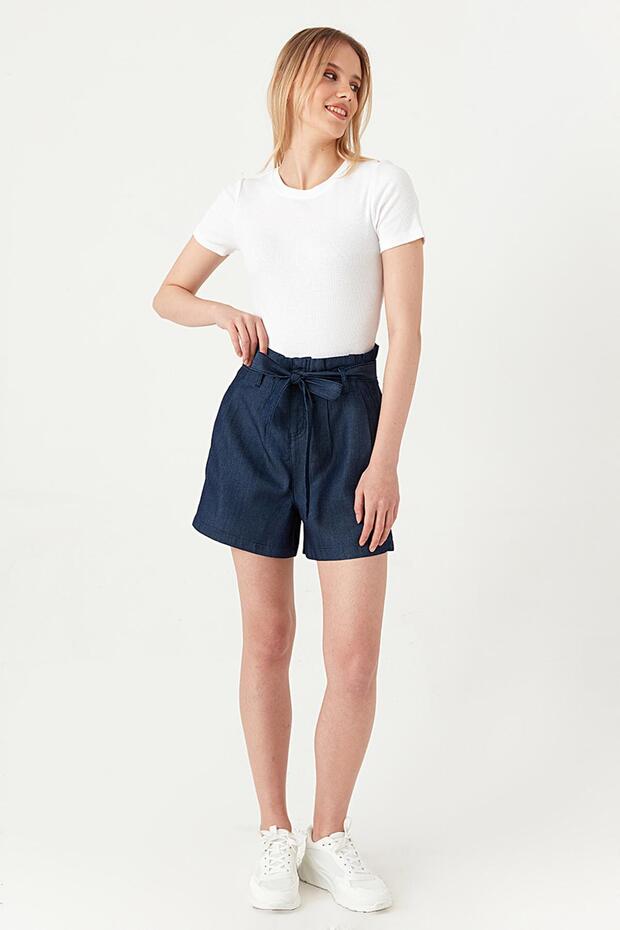 Kadın Kemerli Mini Denim Şort - 1