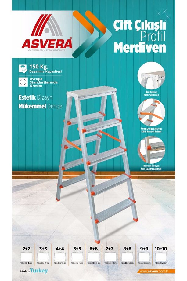 Elmas Serisi - 7 7 Basamaklı Çift Çıkışlı Galvanizli Profil Merdiven (EV, BAHÇE, IŞYERİ IÇİN UYGUN) - 7
