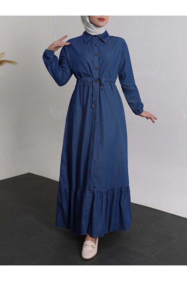 Çift Cepli Boydan Düğmeli Kot Elbise - 3