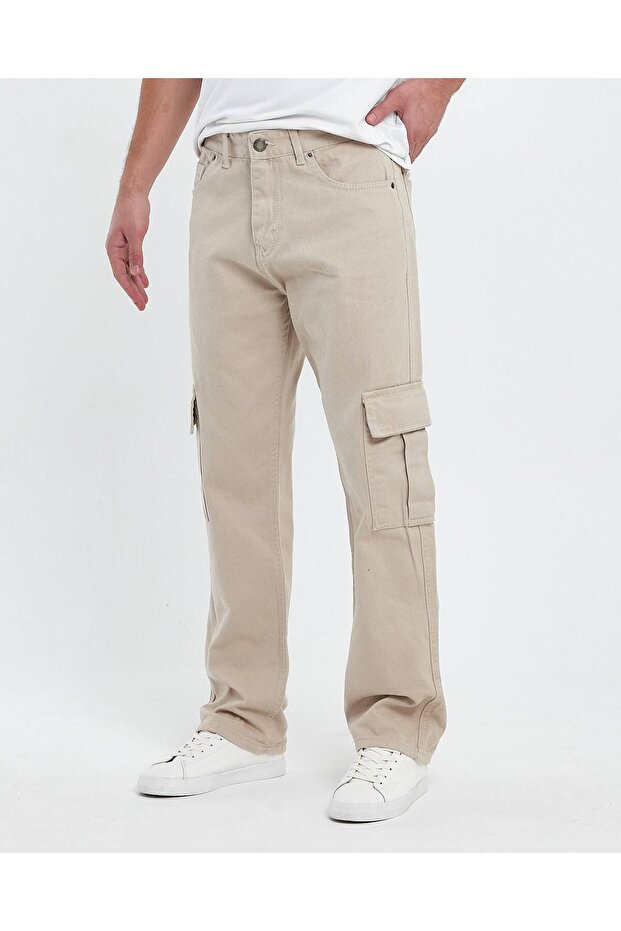 Men's Cream Baggy Cargo Pants Casual Fit Baggy with Cargo Pockets
