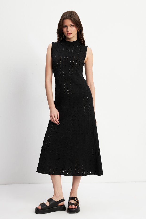 Women's Black Hole Embossed Detail Sleeveless Knitwear Dress