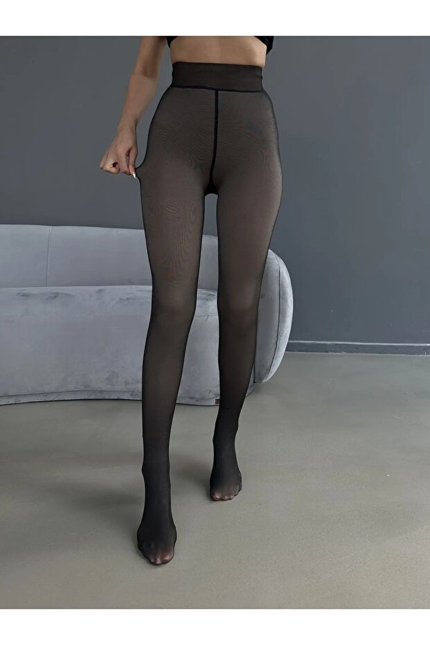 Winter Warm Fleece Inside Woven Skin Look Black Thermal Pantyhose