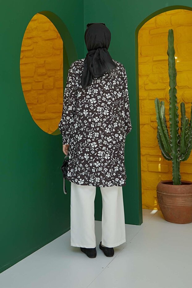 الحجاب زهرة منقوشة سترة سوداء - 4