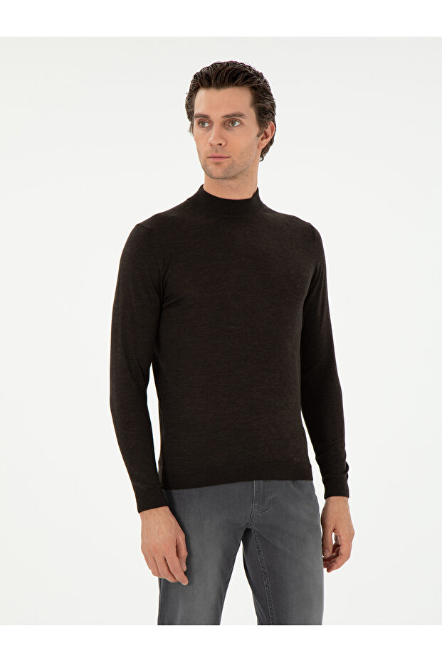 Dark Green Slim Fit Cashmere Silk Blended Quarter Turtleneck Knitwear Sweater 50296503-Vr079