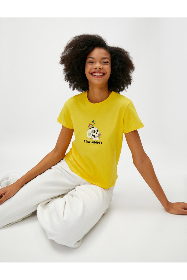 Slogan Printed T-Shirt Short Sleeve Crew Neck Cotton