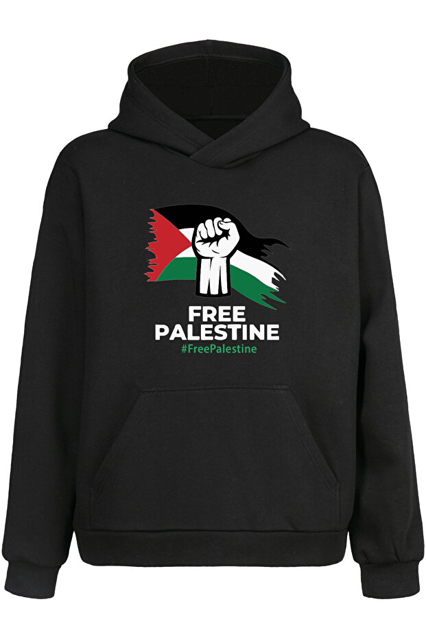 سترة رياضية سوداء بطباعة فلسطين الحرة مع جيب كنغر وقلنسوة بدون أربطة