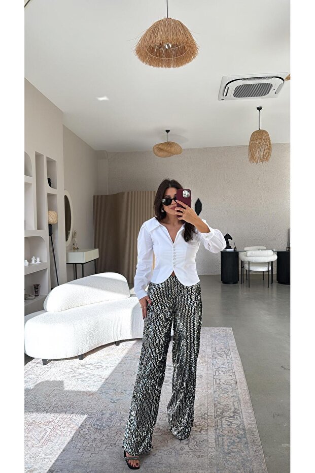 Silver Sequined Trousers - 1