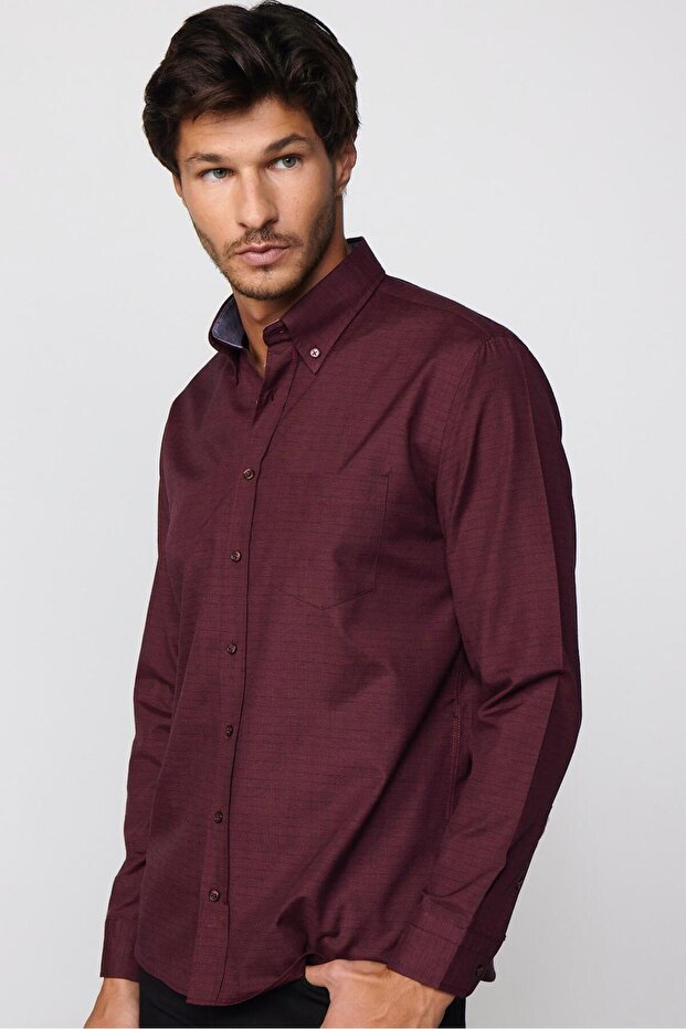 Classic Fit Long Sleeve Buttoned Collar Small Plaids Cotton Claret Red Men's Shirt