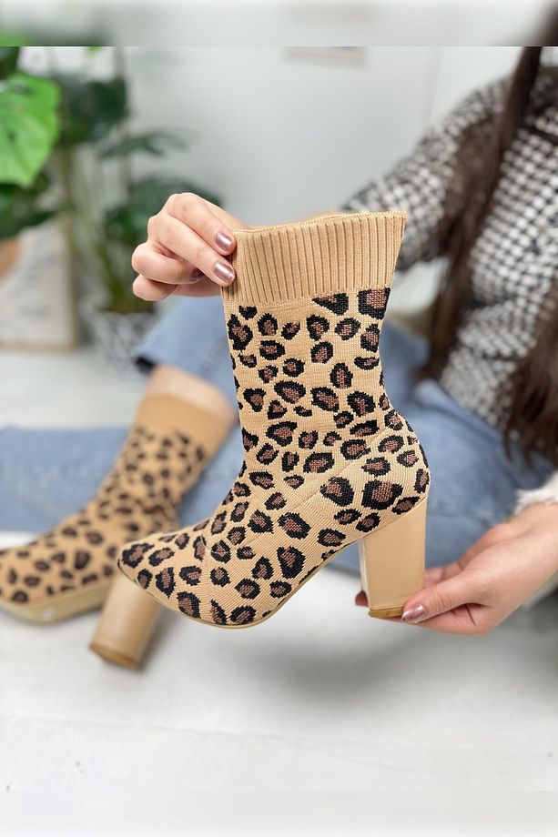 Günlük Kadın Leoparlı Streç Bot Triko Kalın Yüksek Topuklu Çorap Şeritli Sivri Burun Ayakkabı 167 - 1