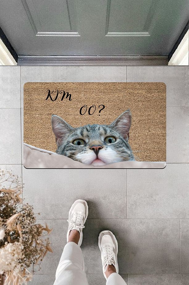 Yüksek Kaliteli Dijital Baskı 'Kim O'' Diyen Miskin Kedi Kapı Önü Paspası - 1