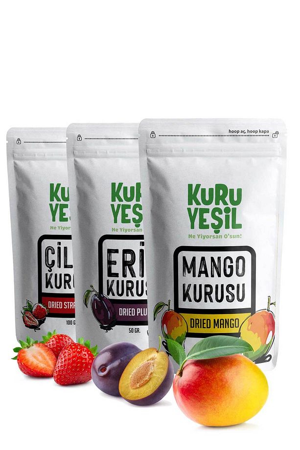Kuru Çilek - Kuru Mango -  Kuru Erik - Mürdüm Eriği - Mango Kurusu - Meyve Kurusu  - 3 x 50 Gr - 1