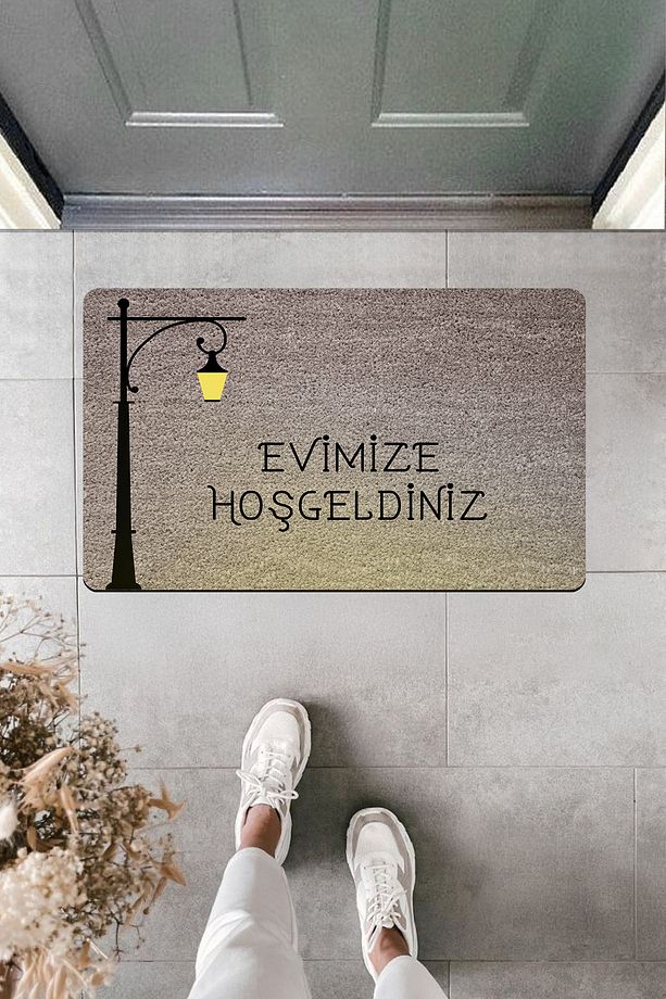 Yüksek Kaliteli Dijital Baskı Sokak Lambalı Evimize Hoşgeldiniz Gri Kapı Önü Paspası - 1