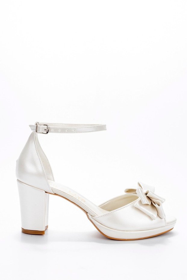 Women's White Thick Heeled 8 cm Bow Evening Dress Shoes
