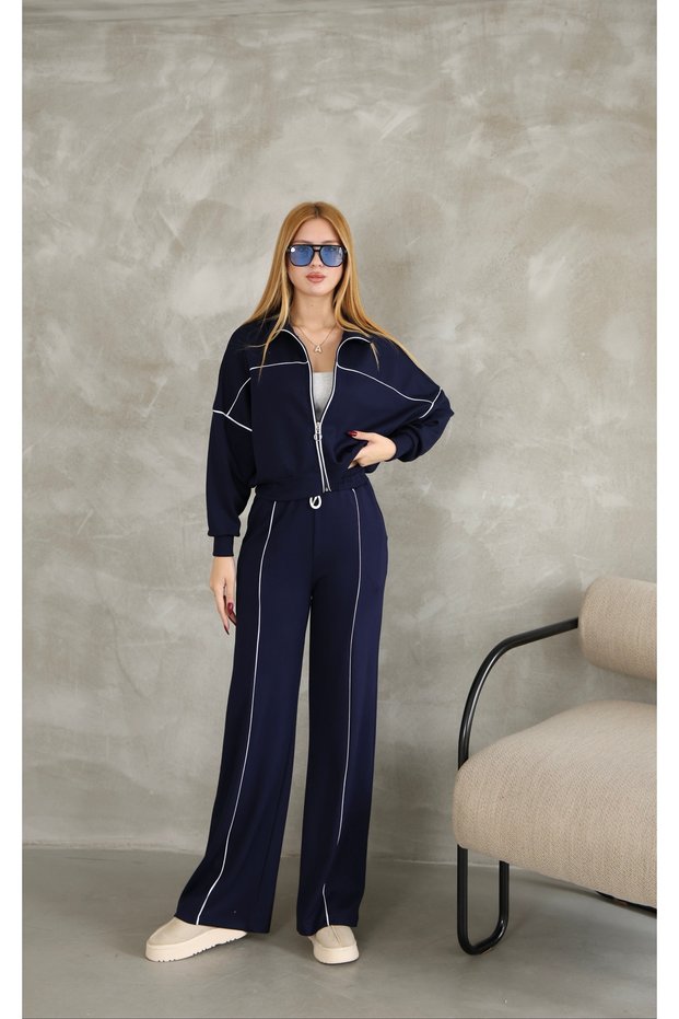 Piped Zip Wide Leg Modal Fabric Tracksuit Set