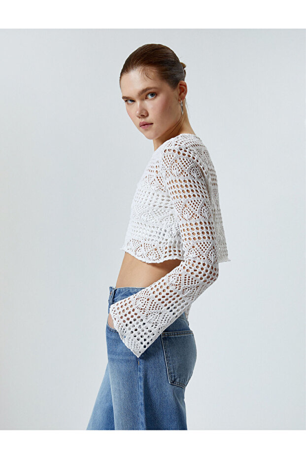 Crochet Crop T-Shirt Long Sleeve Round Neck Openwork