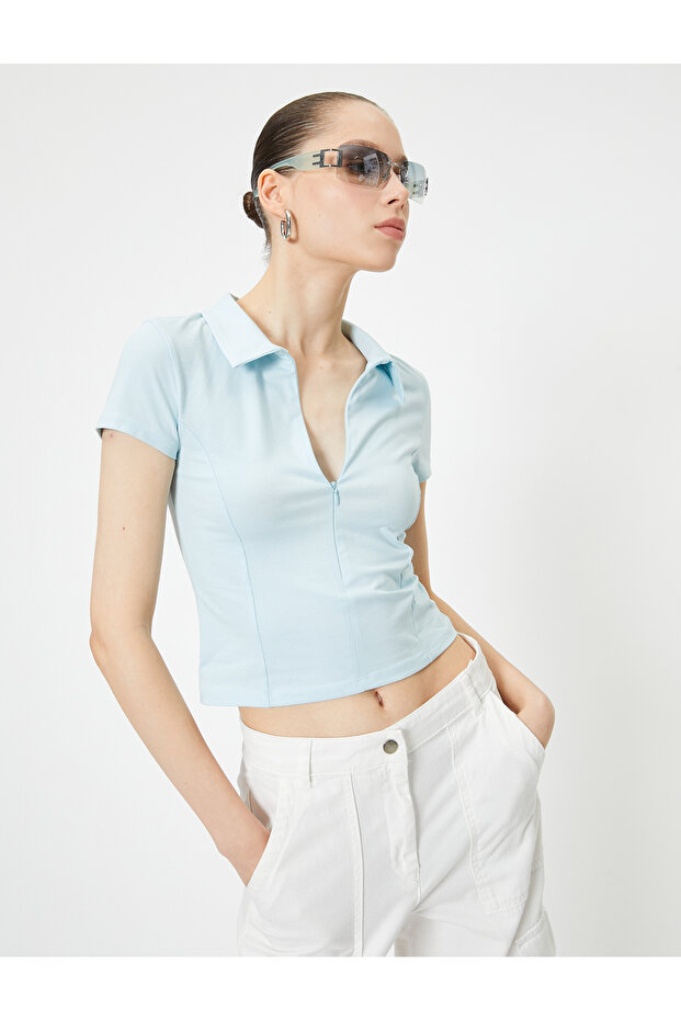 Zip-Up Polo T-Shirt Short Sleeve Slim Fit