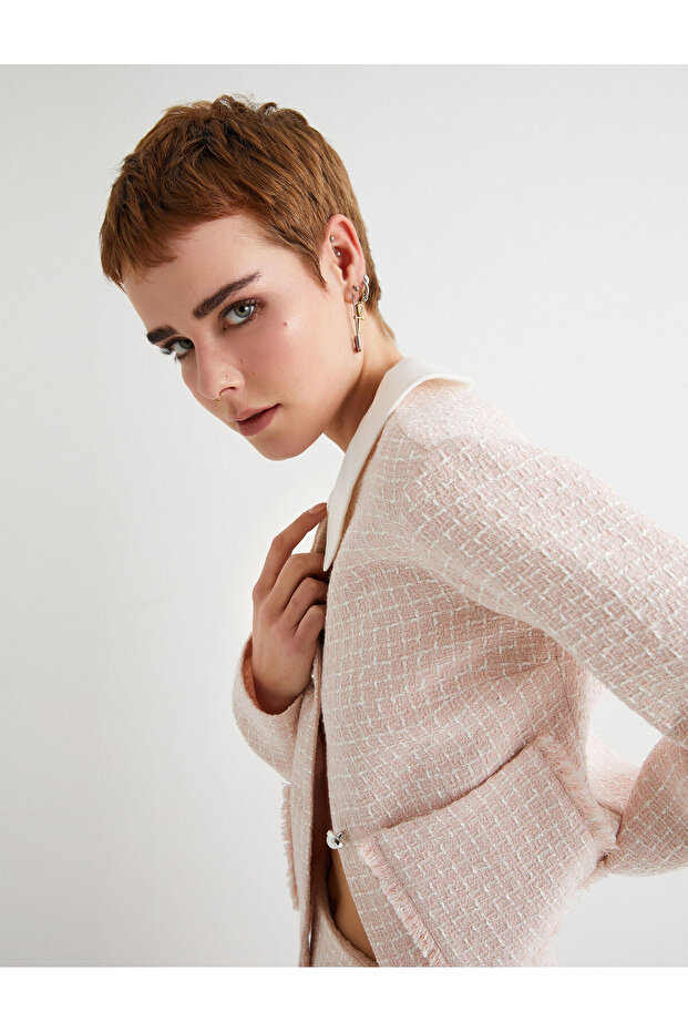 Tweed Jacket Pearl Button Detailed Baby Collar Long Sleeve Pocket