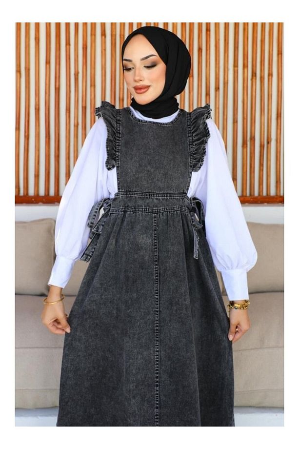 Kadın Yanları Bağcıklı Omuzu Fırfırlı Jile Kot Elbise - 4