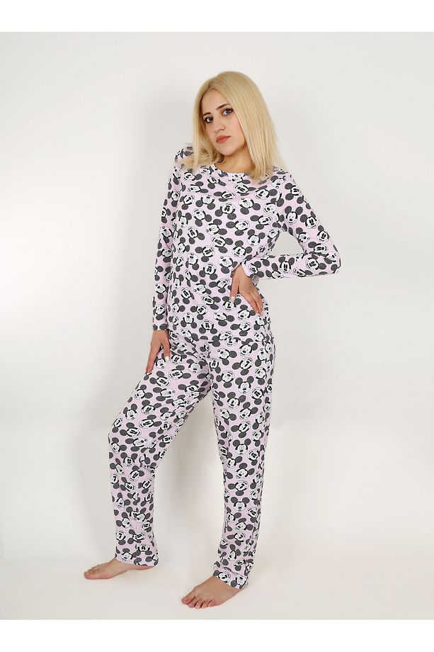 Mickey Mouse Karekter Desenli Pamuklu Pijama Takımı - Pembe Uzun Kollu Geniş Paça Bisiklet Yaka - 4