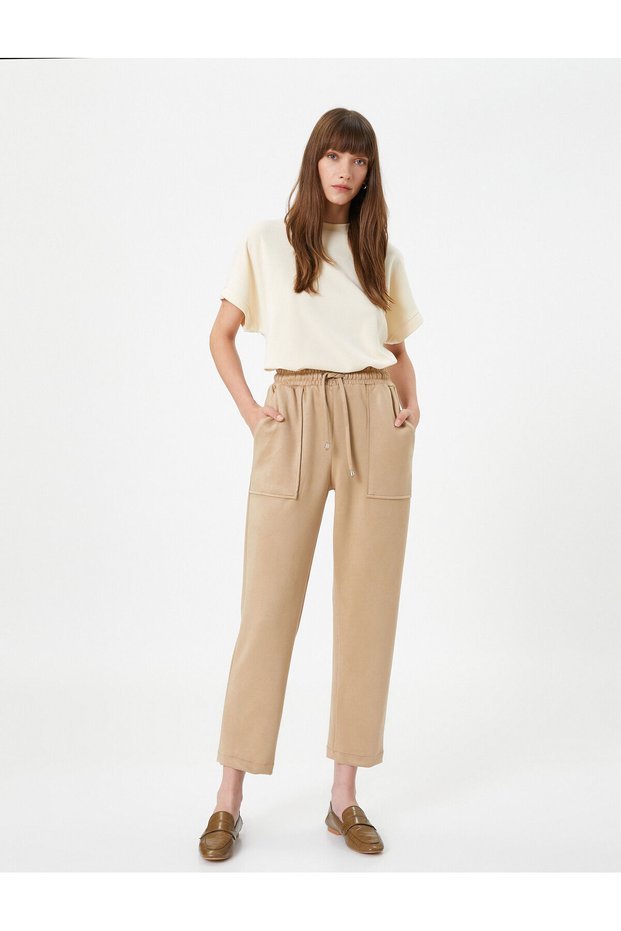 Lace Waist Trousers Suede Textured Pocket Tapered Leg