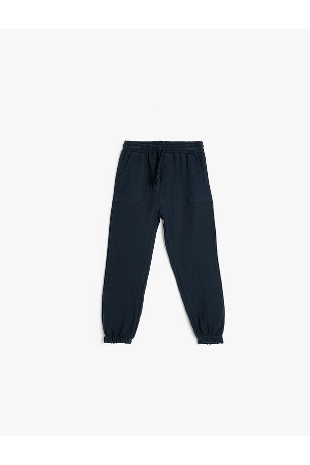 Pamuklu Beli Bağcıklı Cepli Basic Müslin Jogger Pantolon - 1