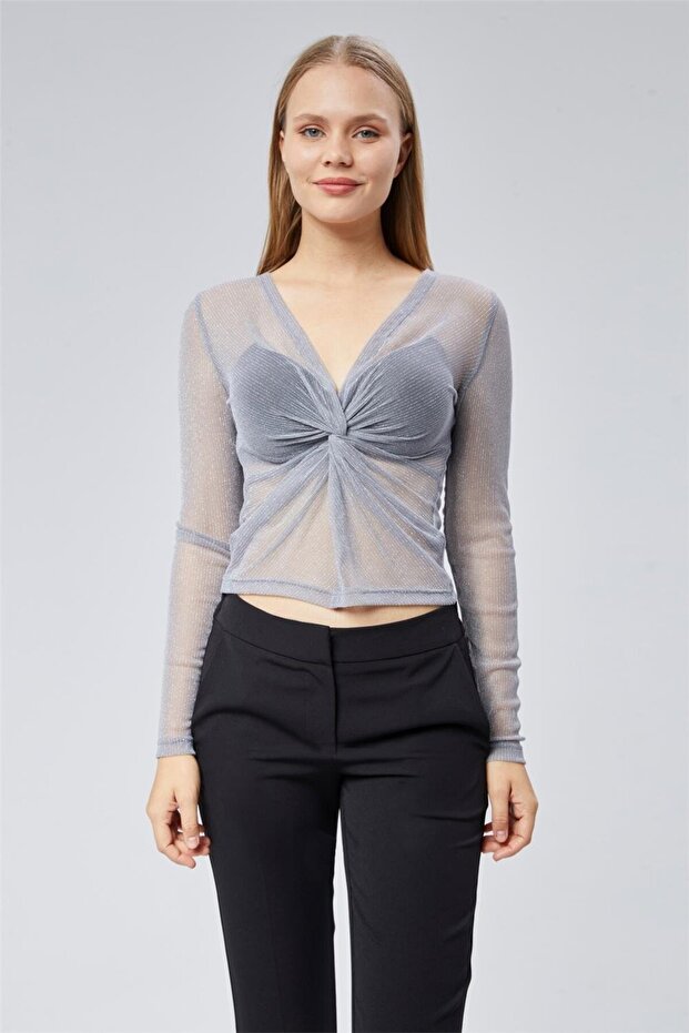 Simli Göğüs Drapeli Bluz - 1