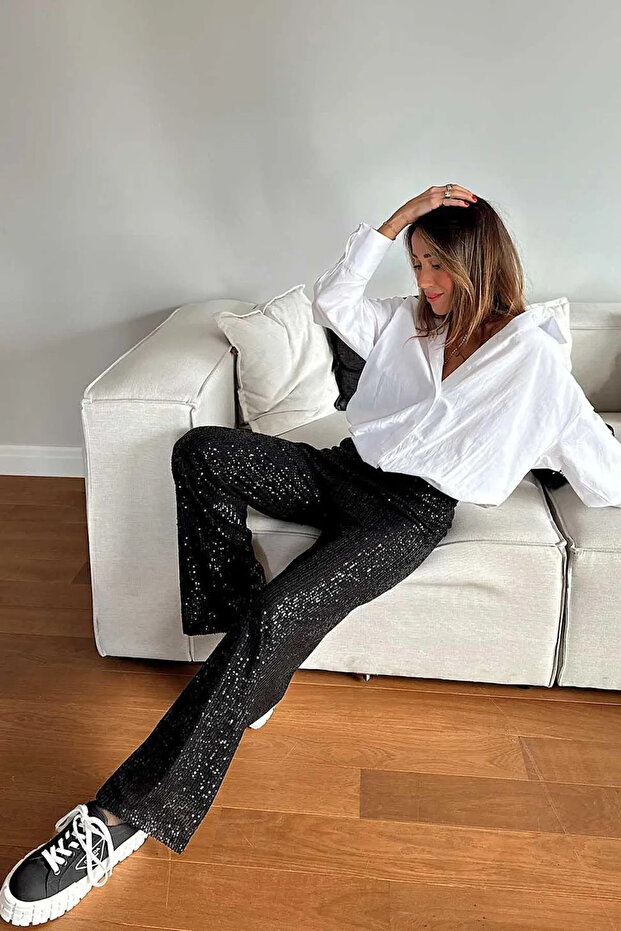 Kadın Siyah Beli Lastikli Ve Pul Payetli Tasarım Bol Pantolon - 3