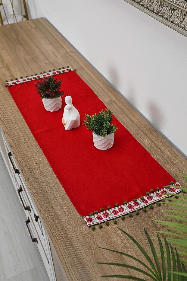 Patterned Stripe and Pompom Detailed Runner 90X30 Cm,R-88K,Red - Green with Pompoms - 7