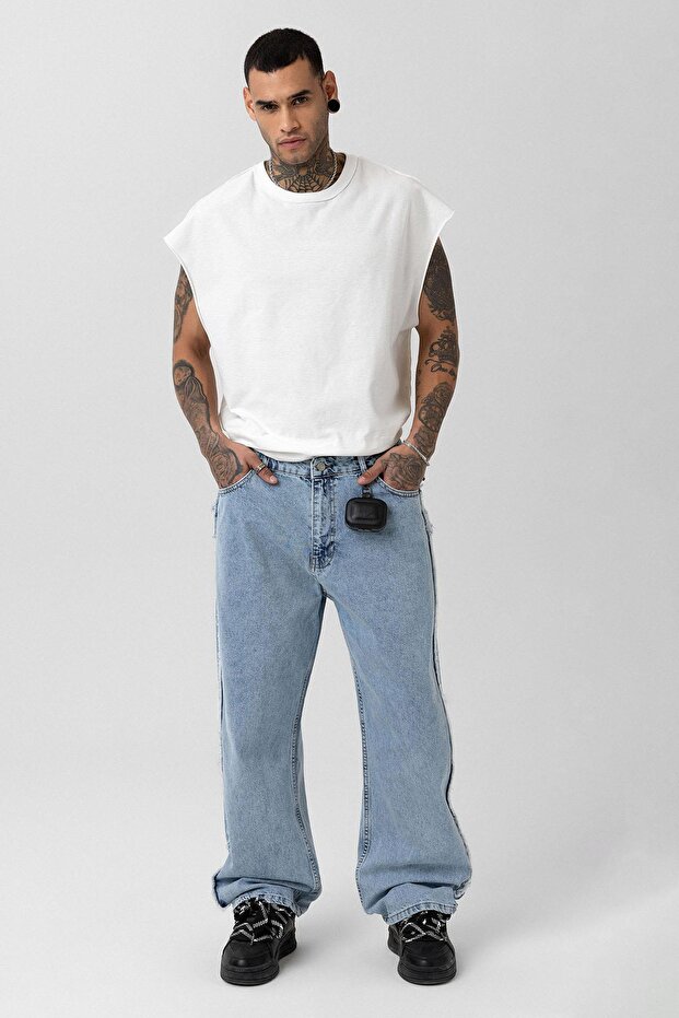 Side Seam Detailed Baggy Jean Light Blue Melange