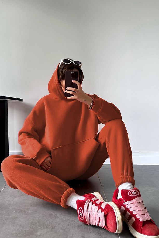 Kadın Kiremit Oversize Trend  Model Kanguru Cep Kapşonlu Sweatshirt Eşofman Takımı - 5