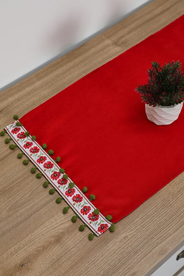 Patterned Stripe and Pompom Detailed Runner 90X30 Cm,R-88K,Red - Green with Pompoms - 2