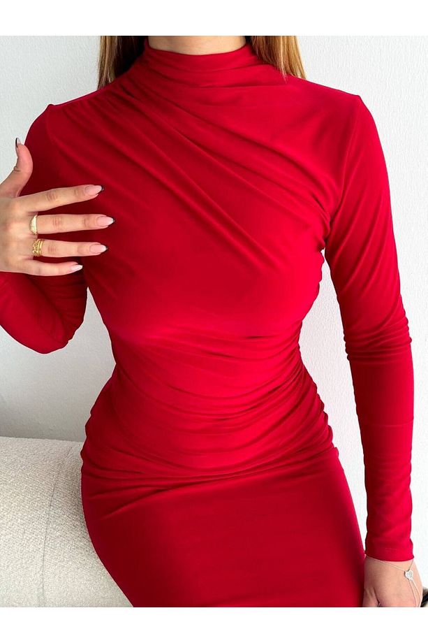 Kadın Kırmızı Midi Yılbaşı Elbise - 3
