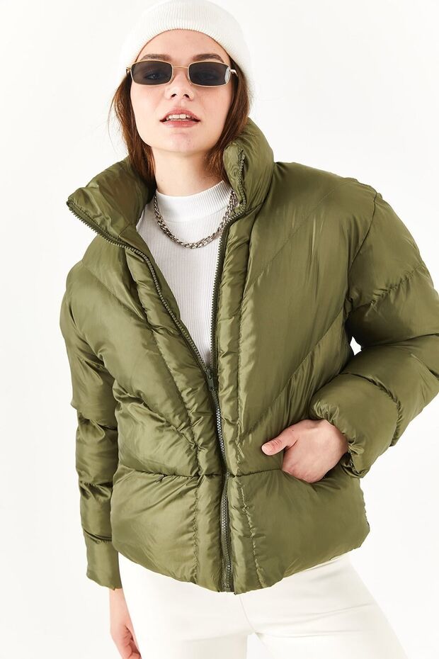 Women's Khaki Stand Collar Short Puffer Jacket