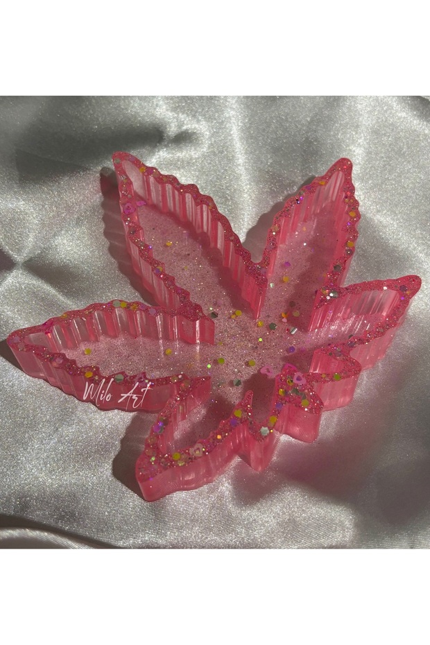 Simli Glitterlı Yaprak Şeklinde Epoksi Küllük Kül Tabağı ( 1 Adet Pembe ) - 3
