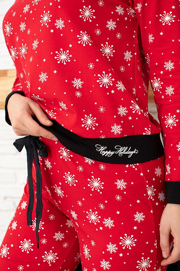 Yılbaşı Temalı Kar Tanesi Desenli Kırmızı Pijama Takımı - 4