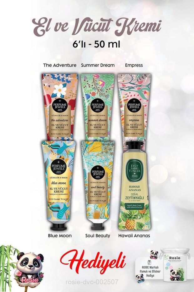 6 Pack 50 ml Hand Cream - Blue Moon, Hawaii Pineapple, Empress, Summer Dream, the Adventure, Soul Beauty and R