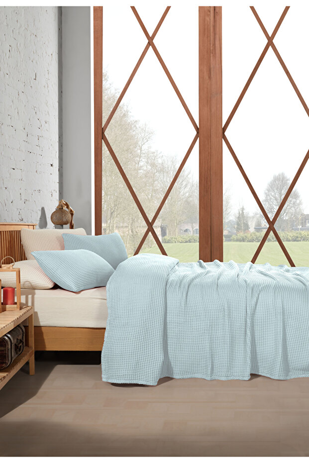 Bebe Mavi %100 Pamuk Waffle Tek Kişilik Saçaksız Yatak Örtüsü 160x240 Cm - 5