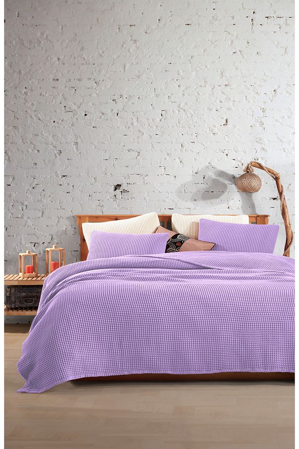 Lila %100 Pamuk Waffle Tek Kişilik Saçaksız Yatak Örtüsü 160x240 Cm - 1