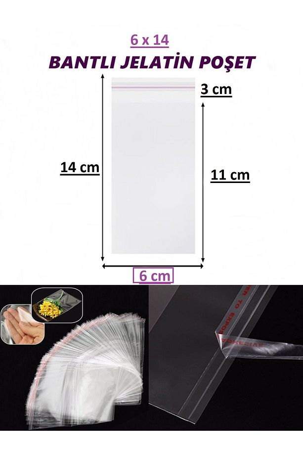 Bantlı Şeffaf Jelatin Poşet 6 x 14 cm Yapışkanlı Poşet 50 Adet - 5