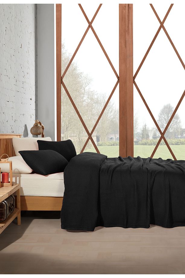 Siyah %100 Pamuk Waffle Tek Kişilik Saçaksız Yatak Örtüsü 160x240 Cm - 5
